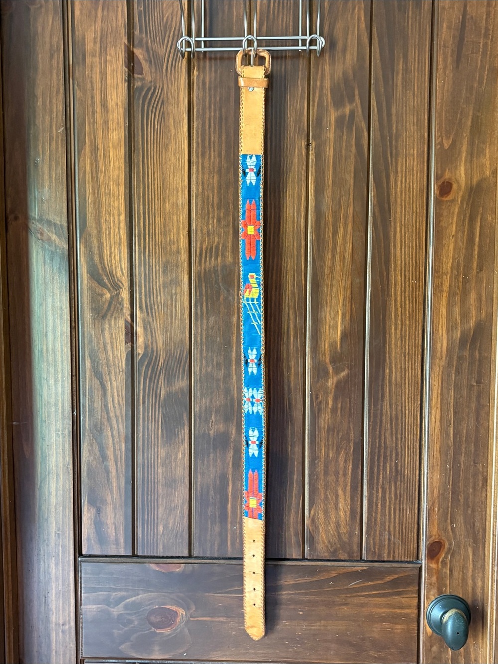 Vintage Southwestern Embroidered Leather Belt Boho Western Blue